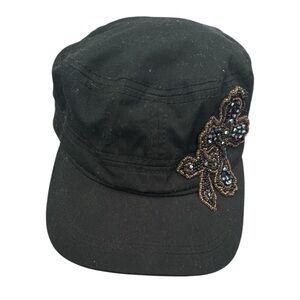 Vintage Style Black Cadet Cap Beaded Bling Flower Design Stretch Fit One Size
